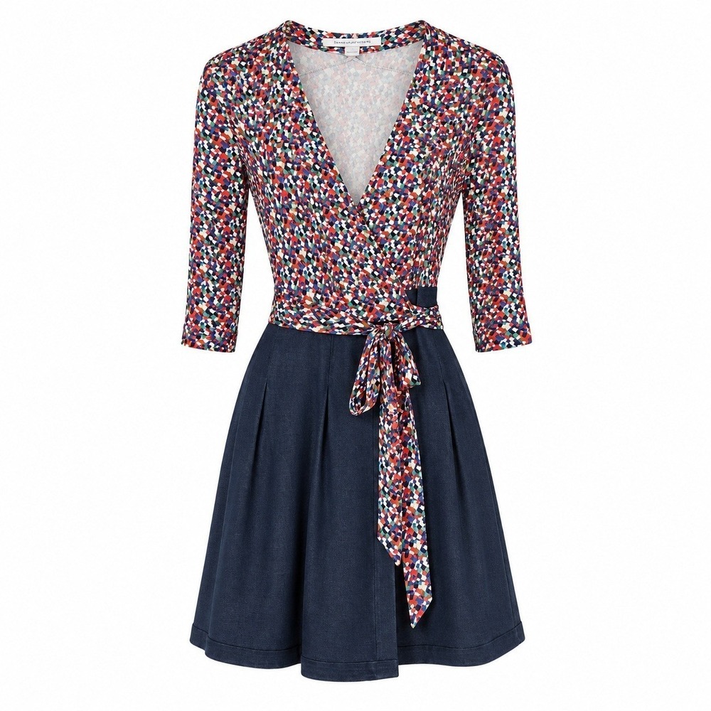 Diane von Furstenberg DVF Geometric Mixed Media Silk Top Wrap Dress Navy Blue 12